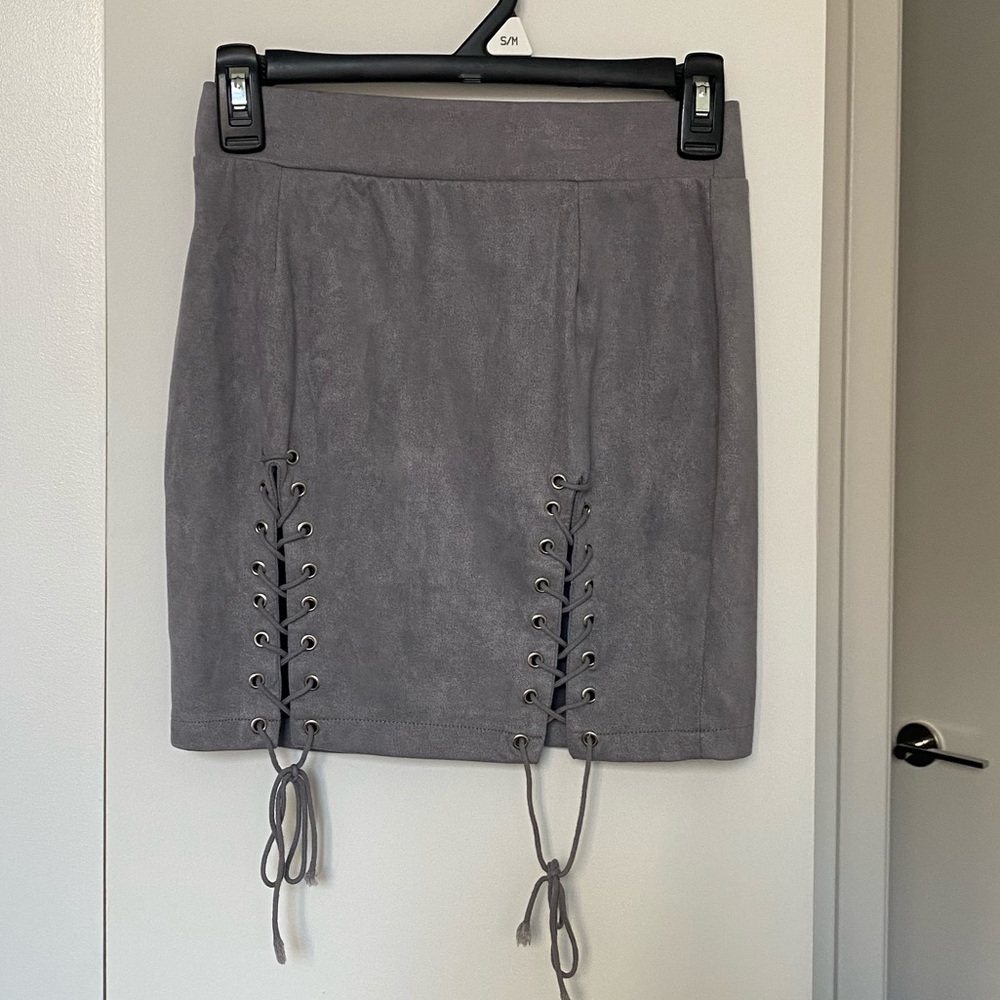 Suede type tie up mini skirt